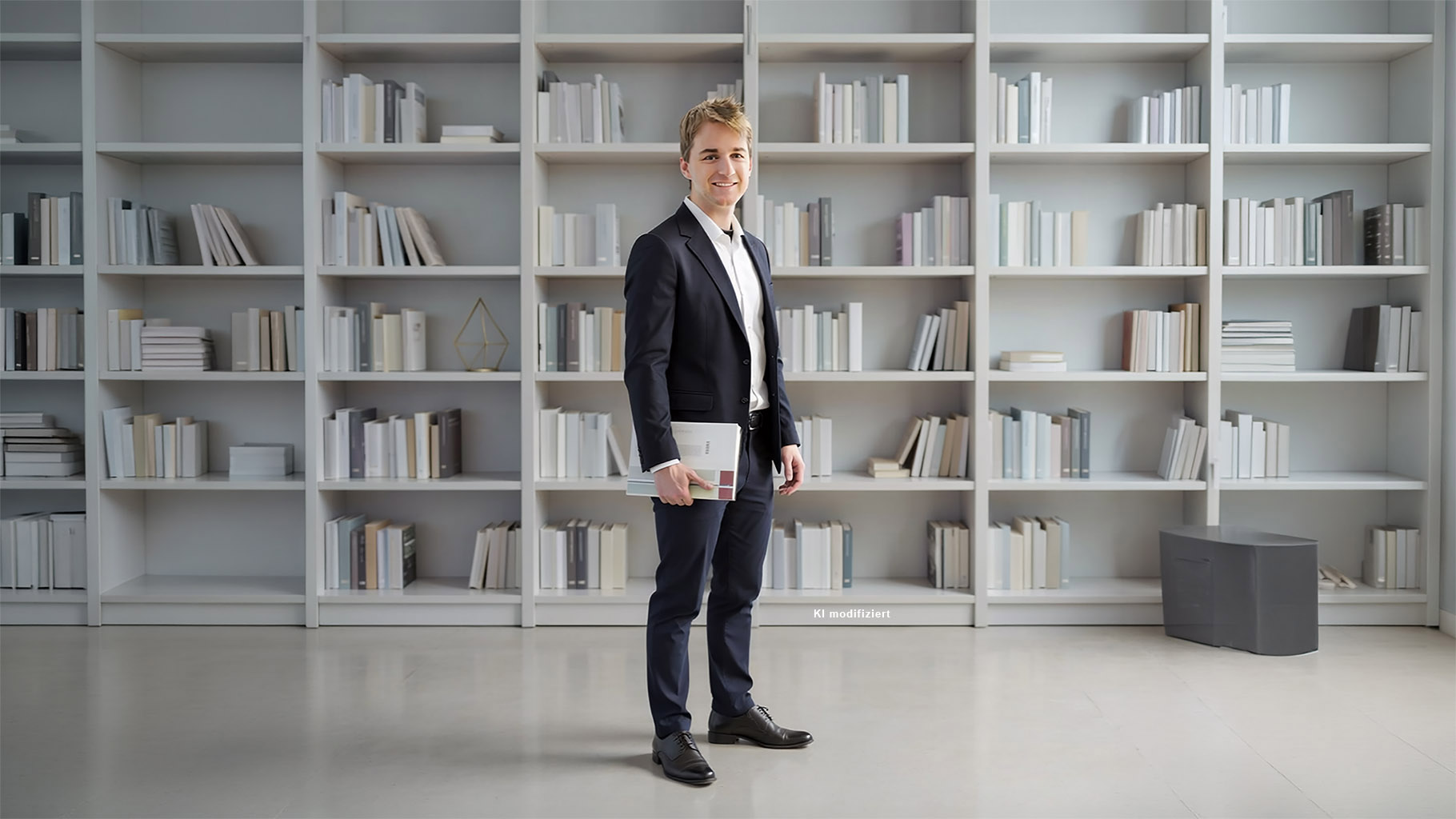 SEO Experte vor einem Regal mit Bücher zu SEO und Keywords
